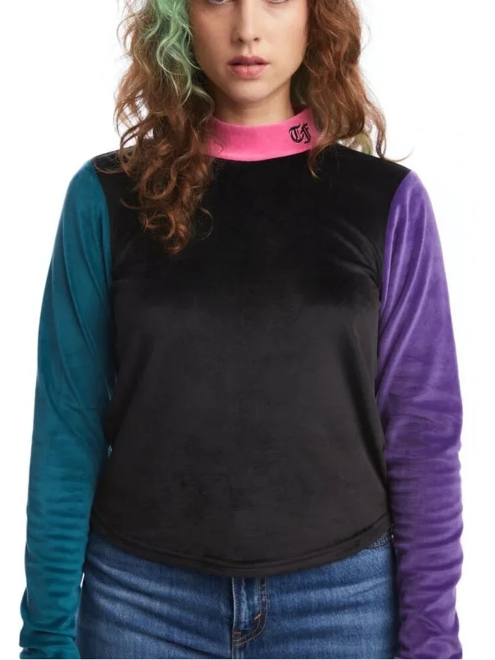 Teddy Fresh Velvet Colorblock Long Sleeve Top - Black with Teal, Purple & Pink
